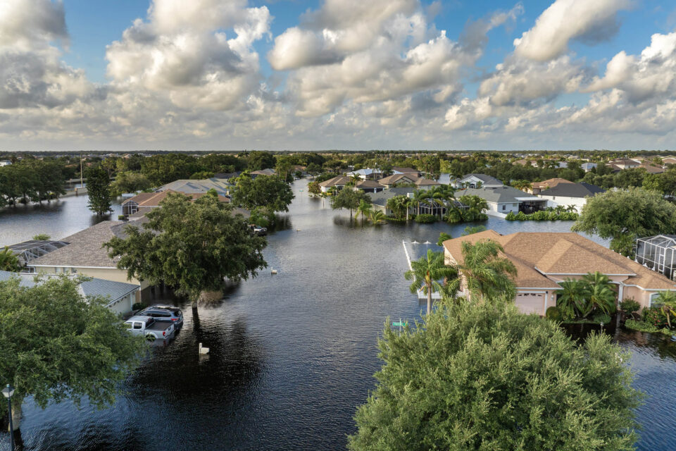 Hurricane flooded homes in residential community in Florida, USA.