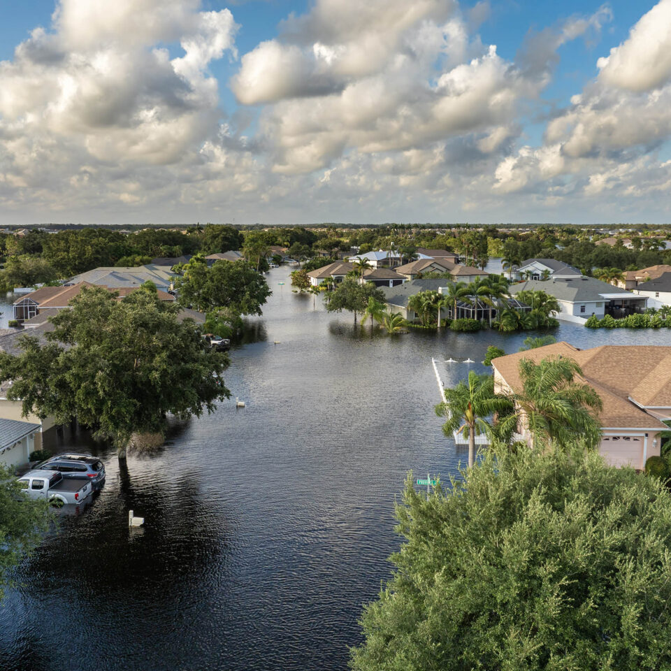 Hurricane flooded homes in residential community in Florida, USA.