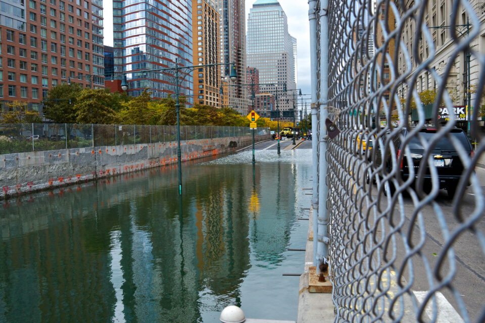 "New York City, USA - October 31, 2012: In the aftermath of Hurricane Sandy the Battery Park Underpass is seen completely flooded along the West Street entrance looking north in Lower Manhattan."