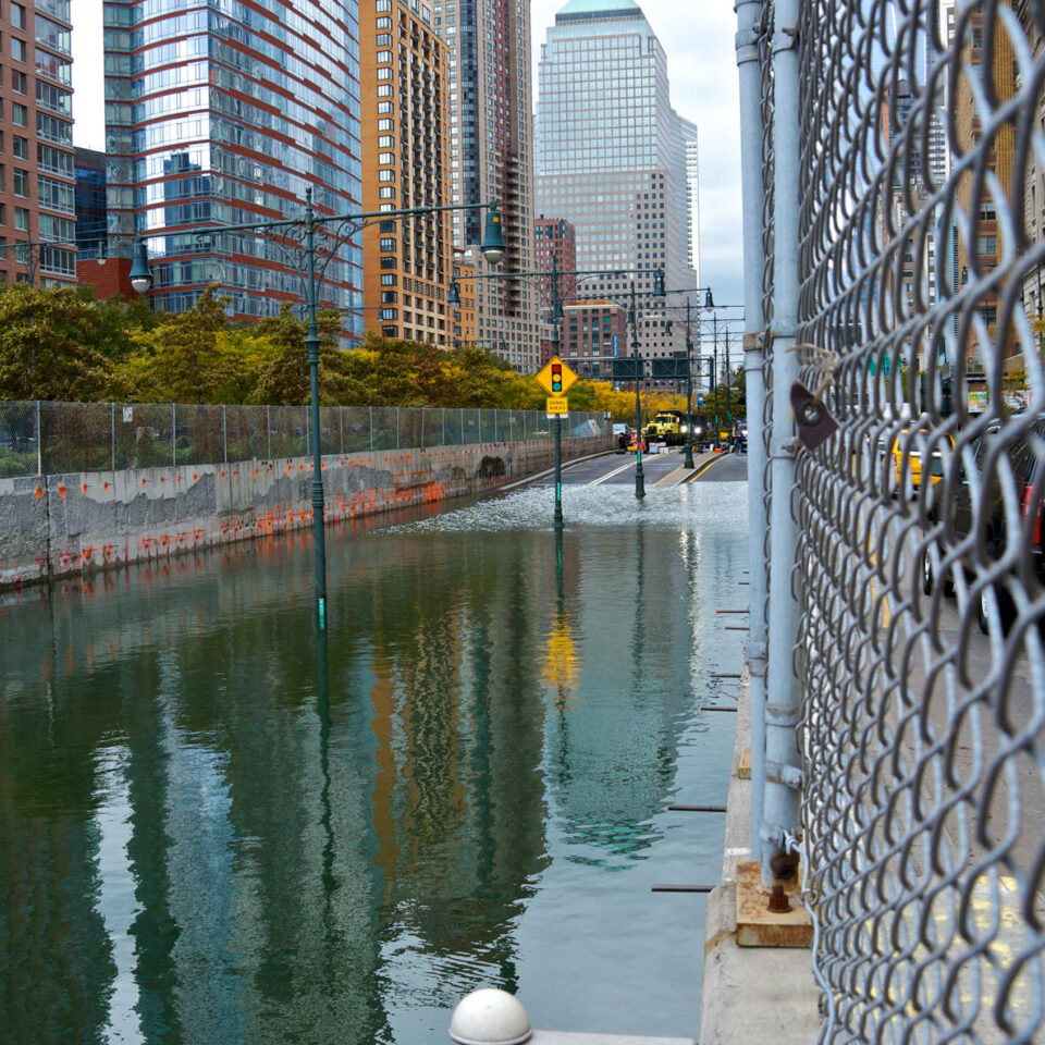 "New York City, USA - October 31, 2012: In the aftermath of Hurricane Sandy the Battery Park Underpass is seen completely flooded along the West Street entrance looking north in Lower Manhattan."