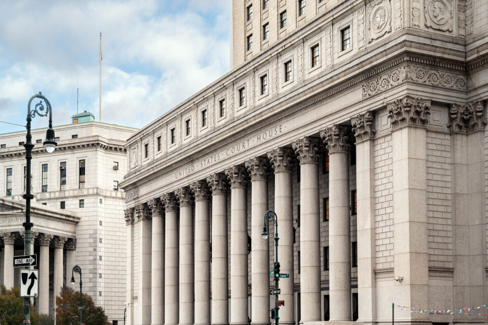 Manhattan, New York, USA - October 20, 2025: Exterior view of the Thurgood Marshall United States Courthouse in Manhattan, New York City, featuring Corinthian columns and neoclassical architecture. The federal courthouse houses the U.S. Court of Appeals for the Second Circuit. Located at Centre and Duane Streets.