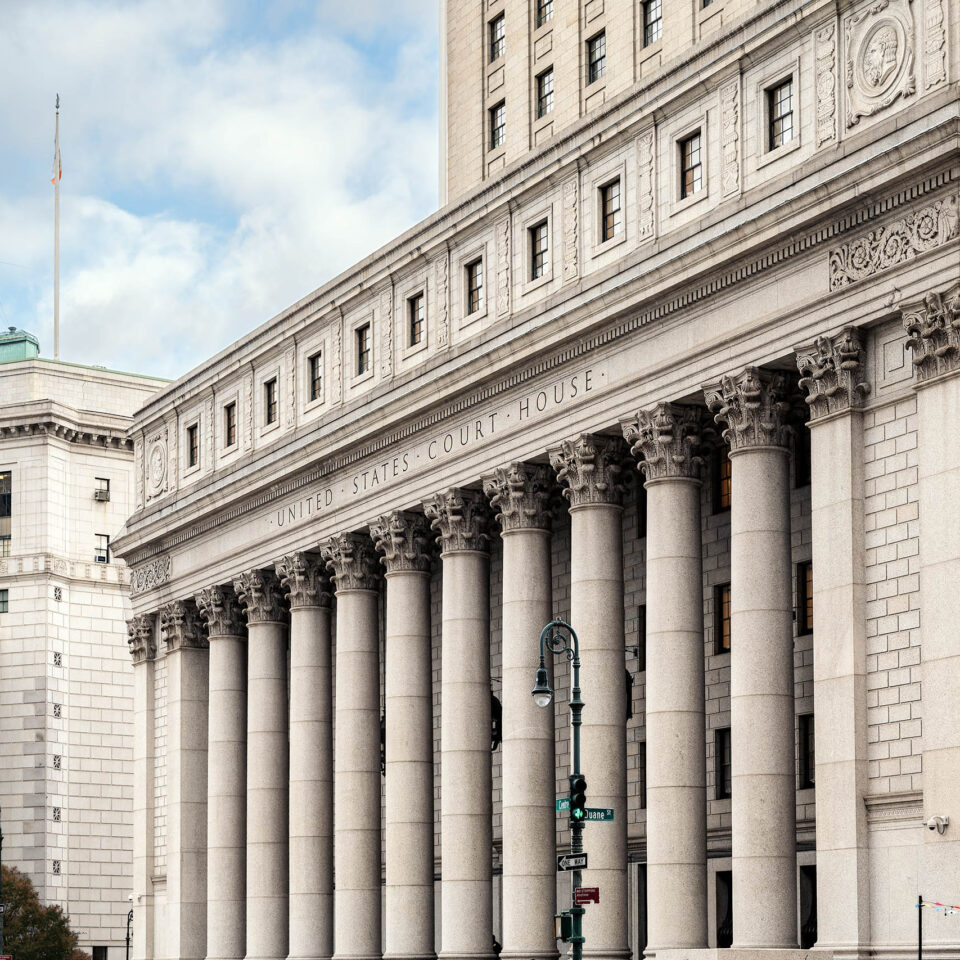 Manhattan, New York, USA - October 20, 2025: Exterior view of the Thurgood Marshall United States Courthouse in Manhattan, New York City, featuring Corinthian columns and neoclassical architecture. The federal courthouse houses the U.S. Court of Appeals for the Second Circuit. Located at Centre and Duane Streets.