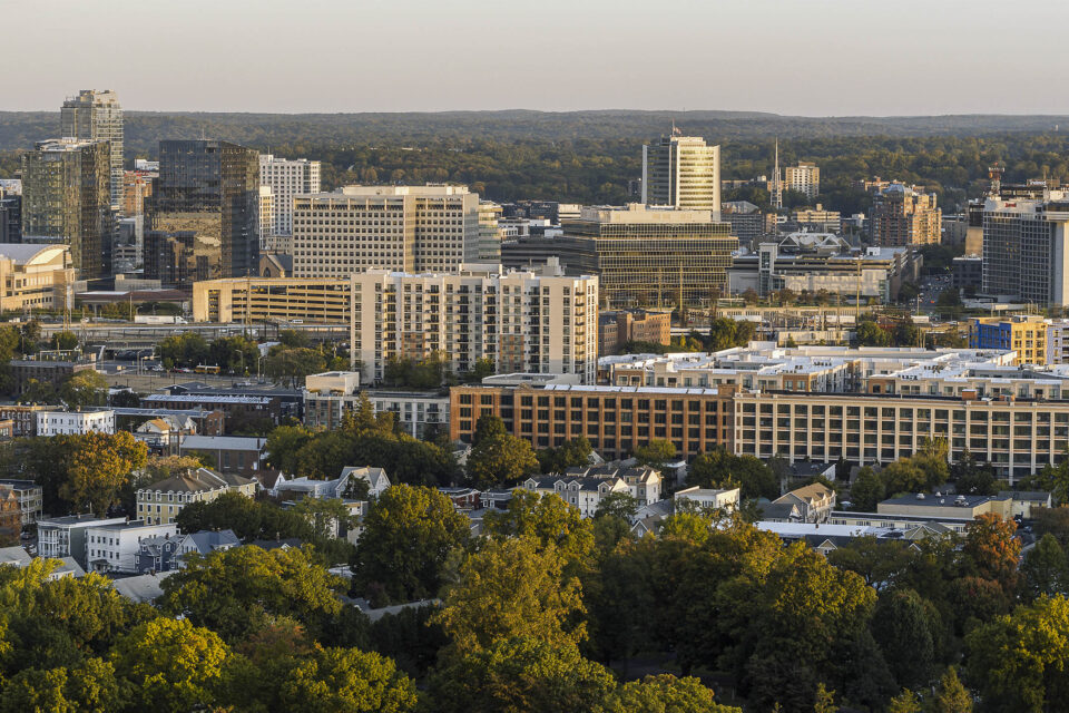 Financial district of Stamford, Connecticut with modern buildings.