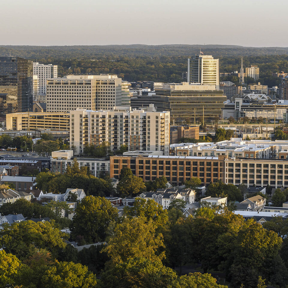 Financial district of Stamford, Connecticut with modern buildings.