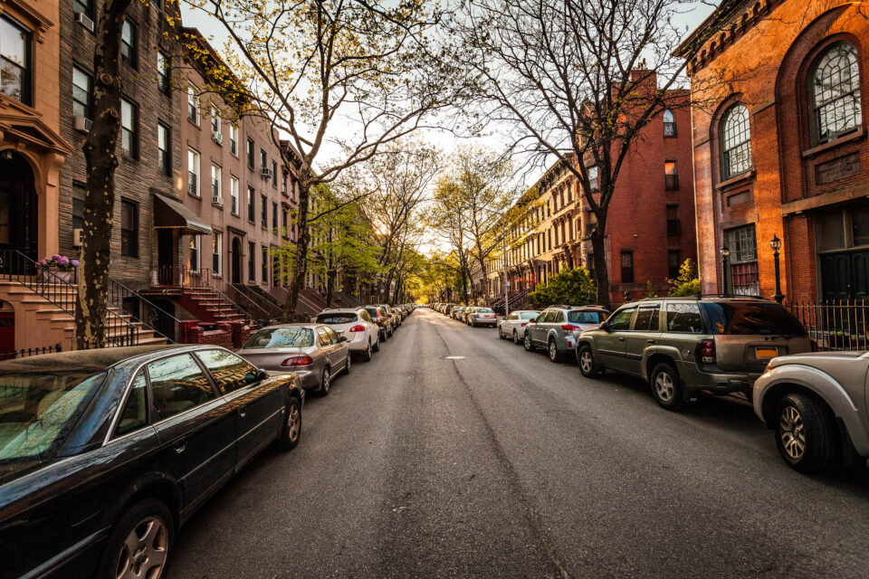 Wide angle shot down side street in Carroll Gardens, Brooklyn