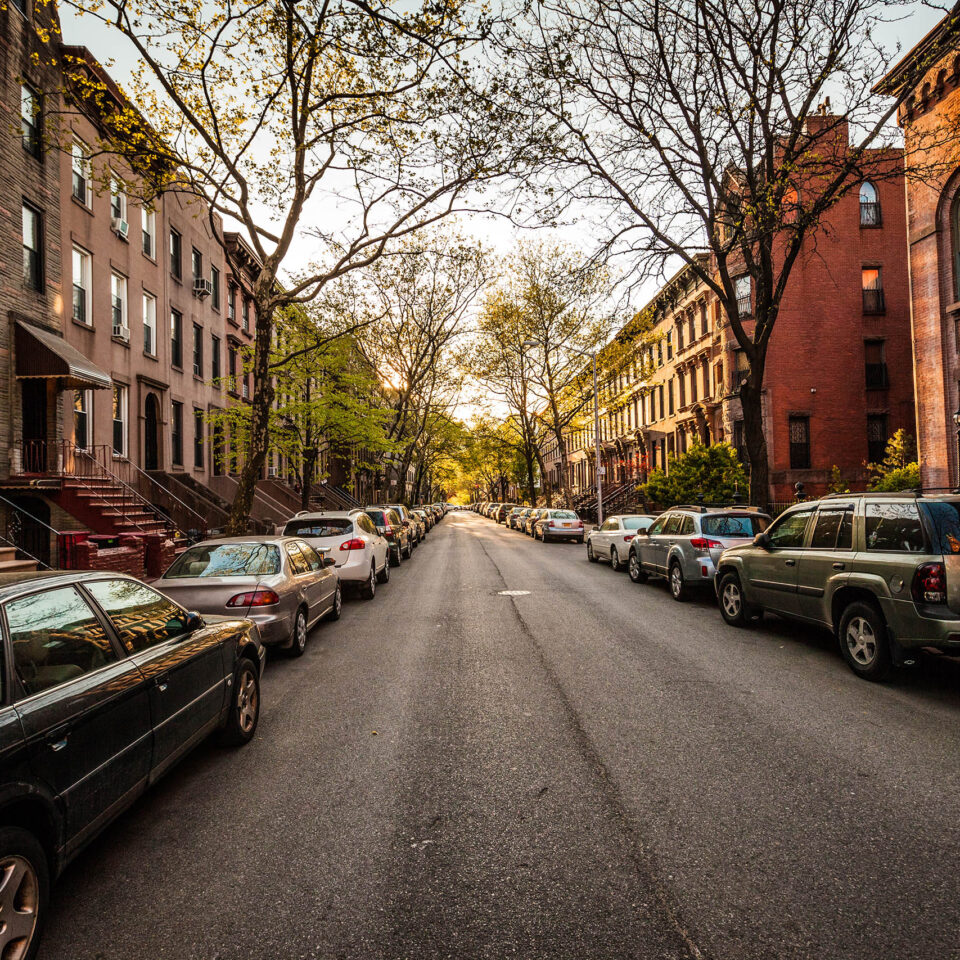 Wide angle shot down side street in Carroll Gardens, Brooklyn