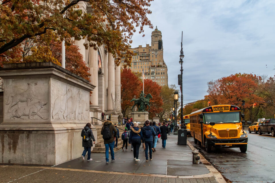 New York, USA. November 12, 2019. Buses are parked next to Central Park in front of the museum's facade.
