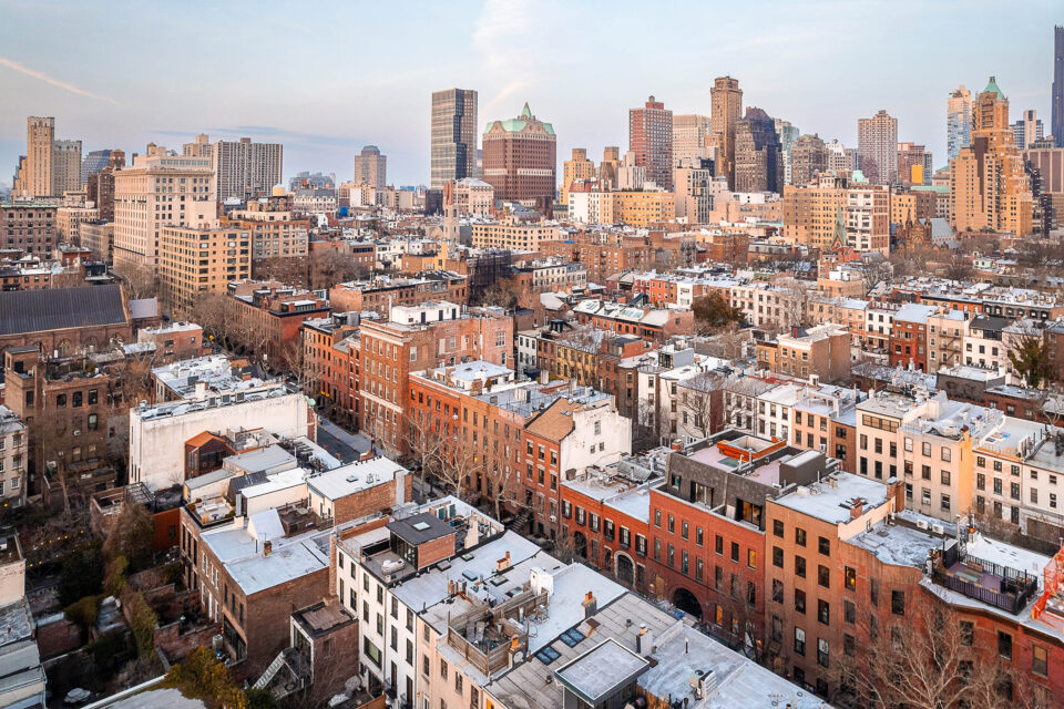 Drone photo of Brooklyn Heights NY featuring residential and commercial buildings and houses