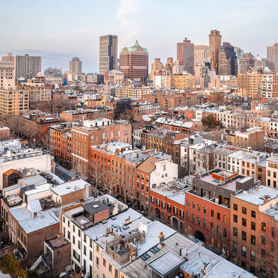 Drone photo of Brooklyn Heights NY featuring residential and commercial buildings and houses
