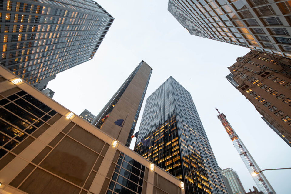 Corporate buidings. Stunning view of skyscraper on 6th Ave, New York, NY USA.