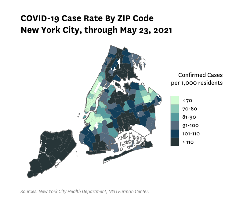 Map showing annual case rate by ZIP code in New York City. 