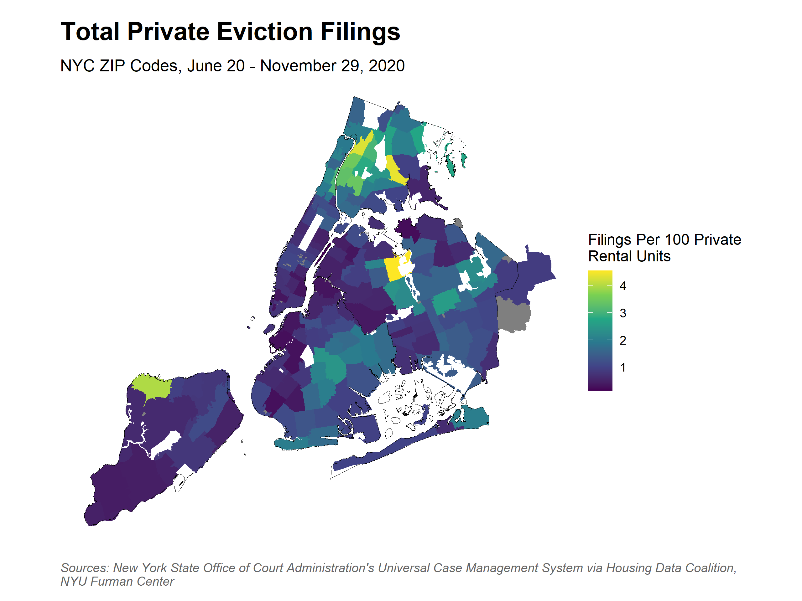 Map showing spatial distribution of filings by ZIP Code. The range is 0 to 4 filings per 100 rental units. Only 1 ZIP Code (Corona Queens) is at 4. Most of the city is 1 or below.