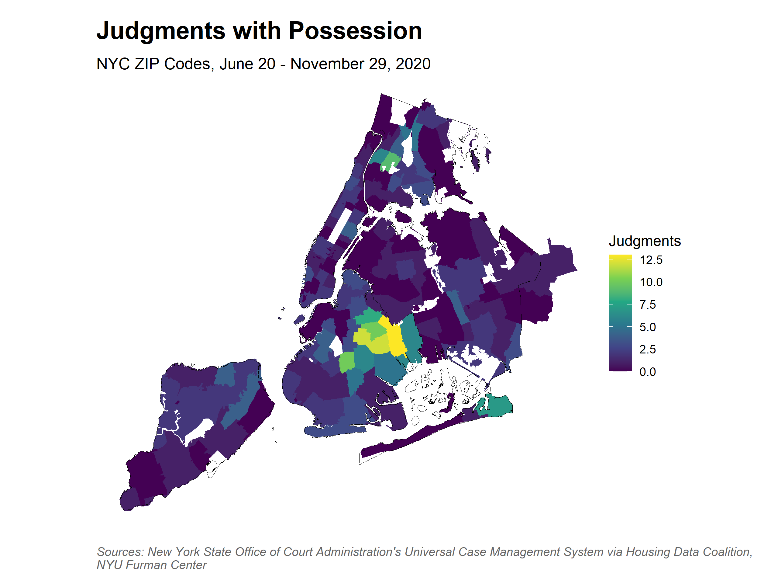 Map showing spatial distribution of judgments by ZIP Code. The range is 0 to 10 judgments. Central Brooklyn is the only area near 10 judgments. Most of the city is 2.5 or below.