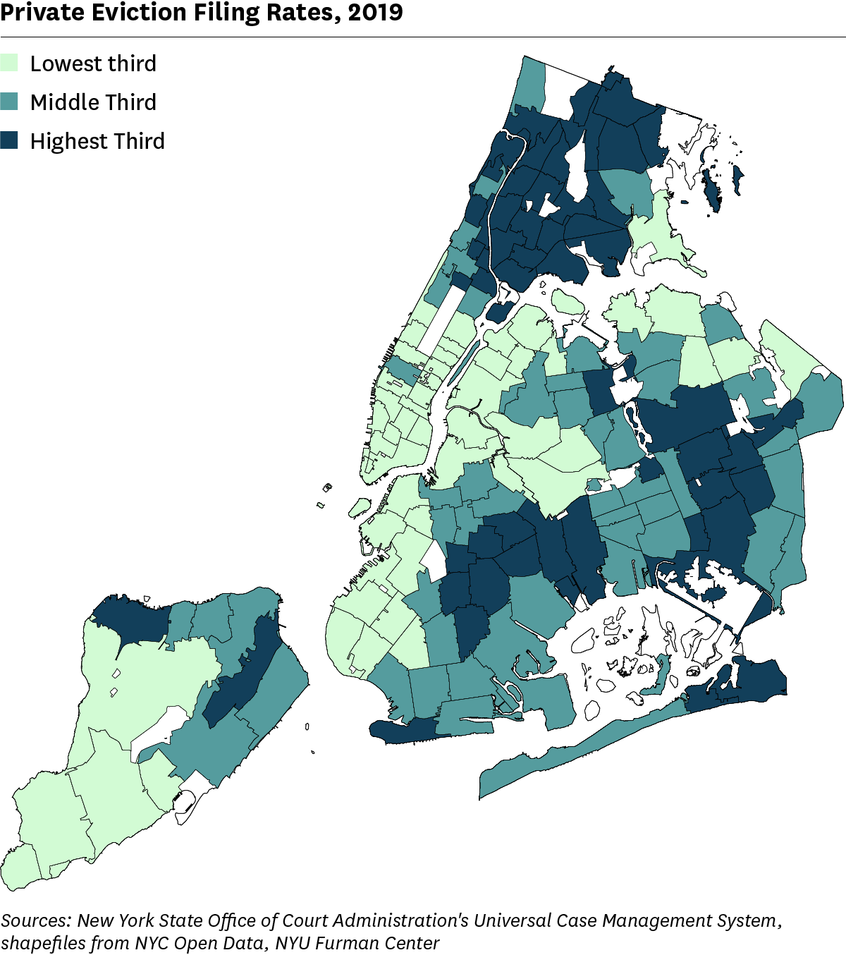 Map showing rate of private eviction filings in NYC by ZIP Code.