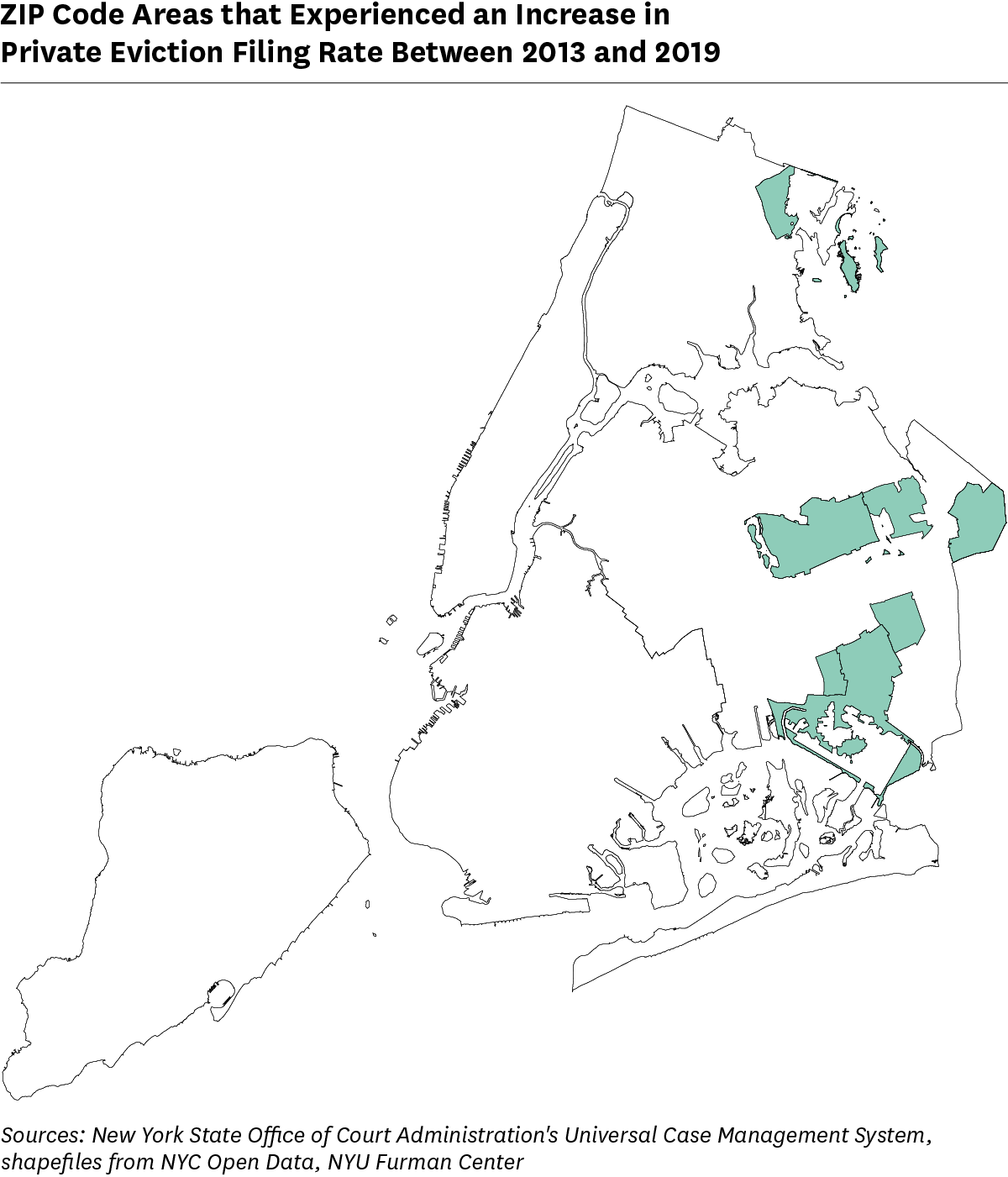 Map showing ZIP Codes with an increase in rate of private eviction filings between 2013 and 2019.