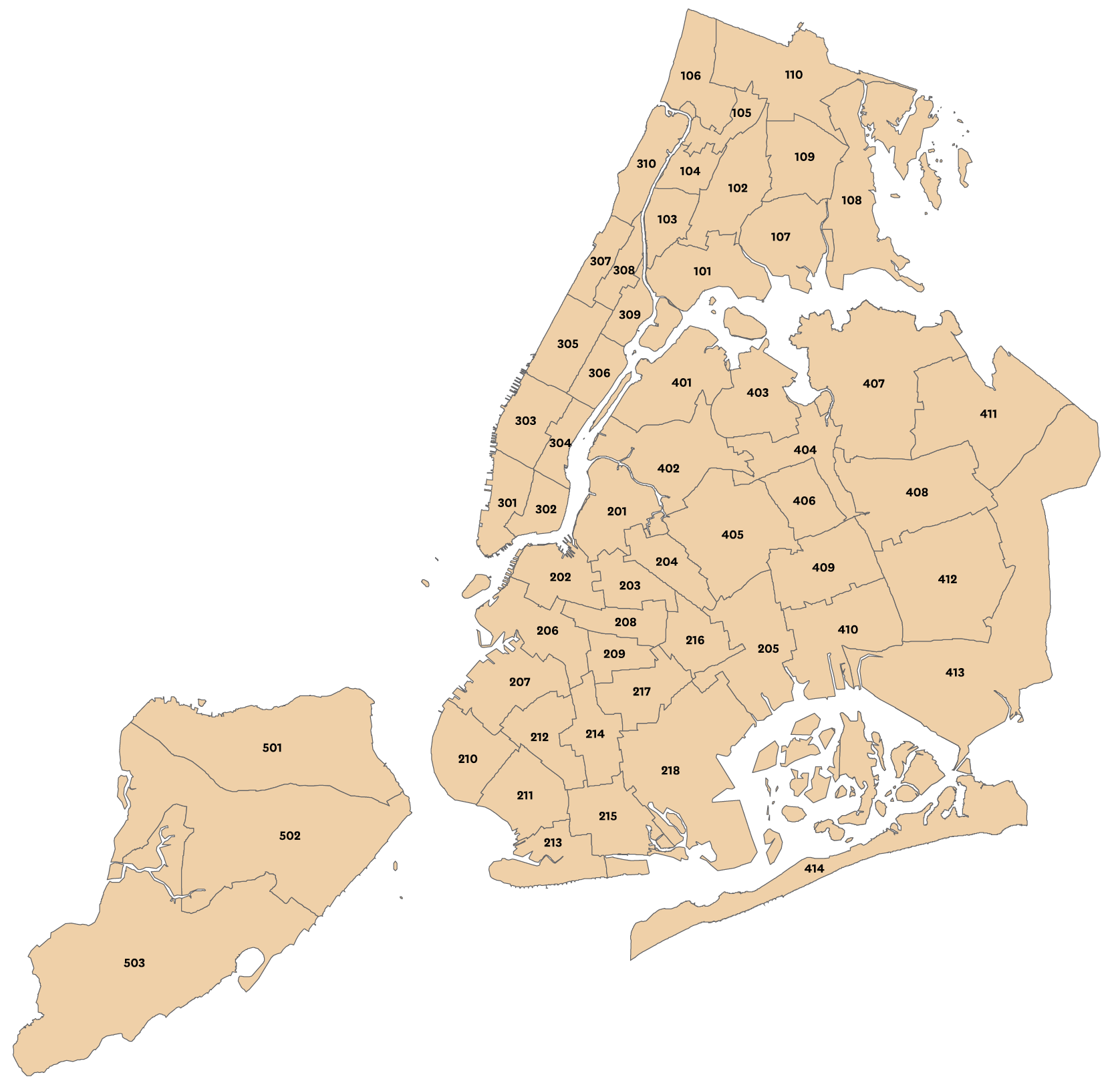 Map displaying New York City's 55 Sub-Borough Areas