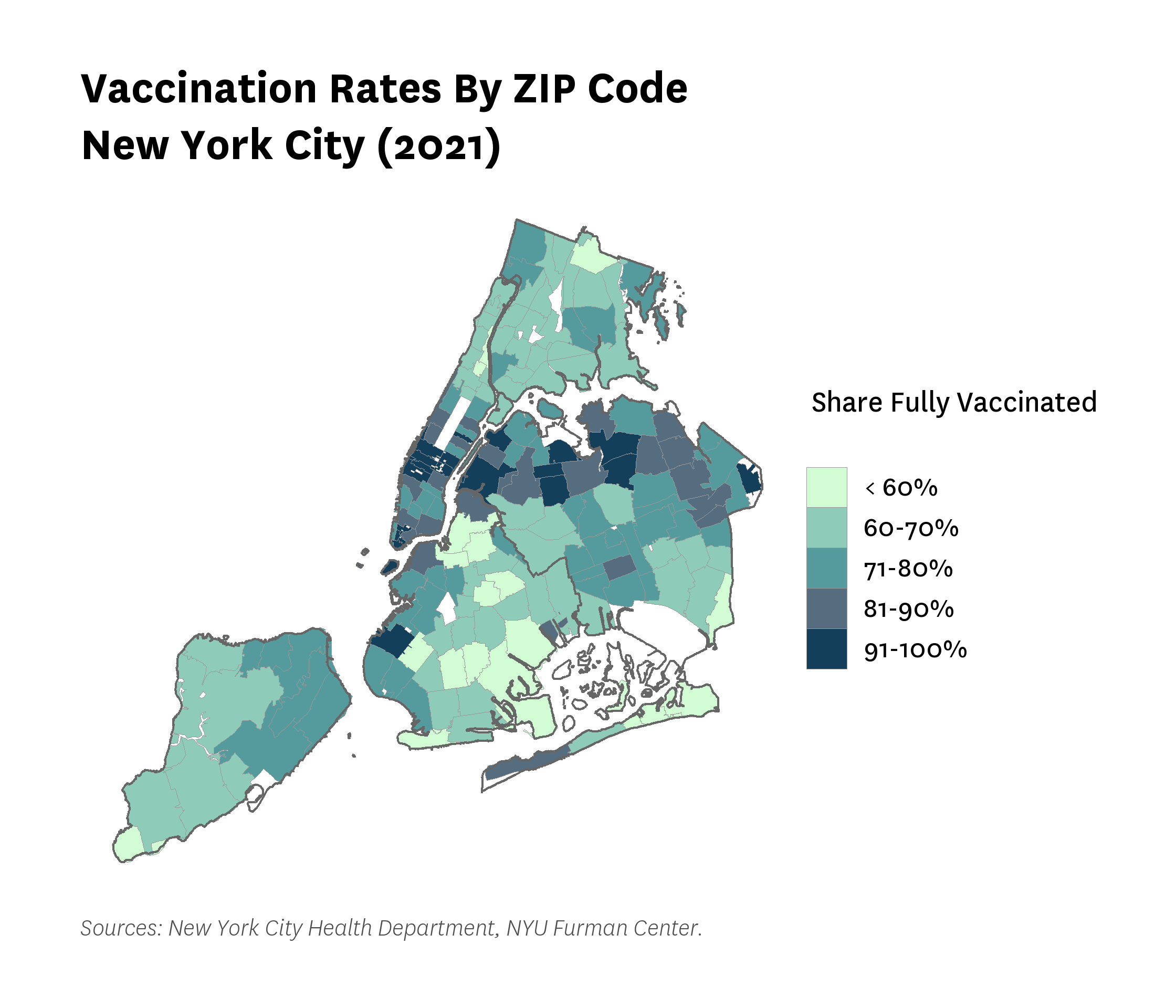 Map of fully vaccinated New Yorkers per 1,000 residents in 2021 by zip code in New York City.