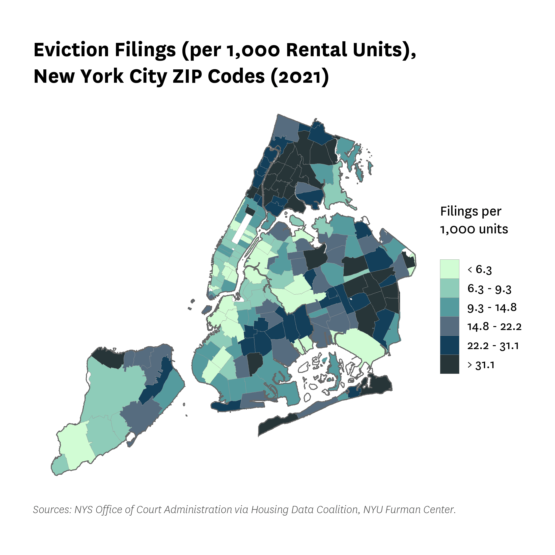 Map showing the 2021 eviction filing rates by zip code in New York City.